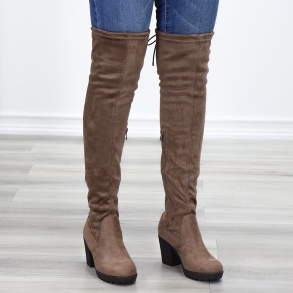 Taupe Thigh High Suede Boots Lug Chunky Heel - Picture 4 of 15